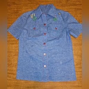 Embroidered Chambray Denim Blouse Hippie S M Art Deco OOAK